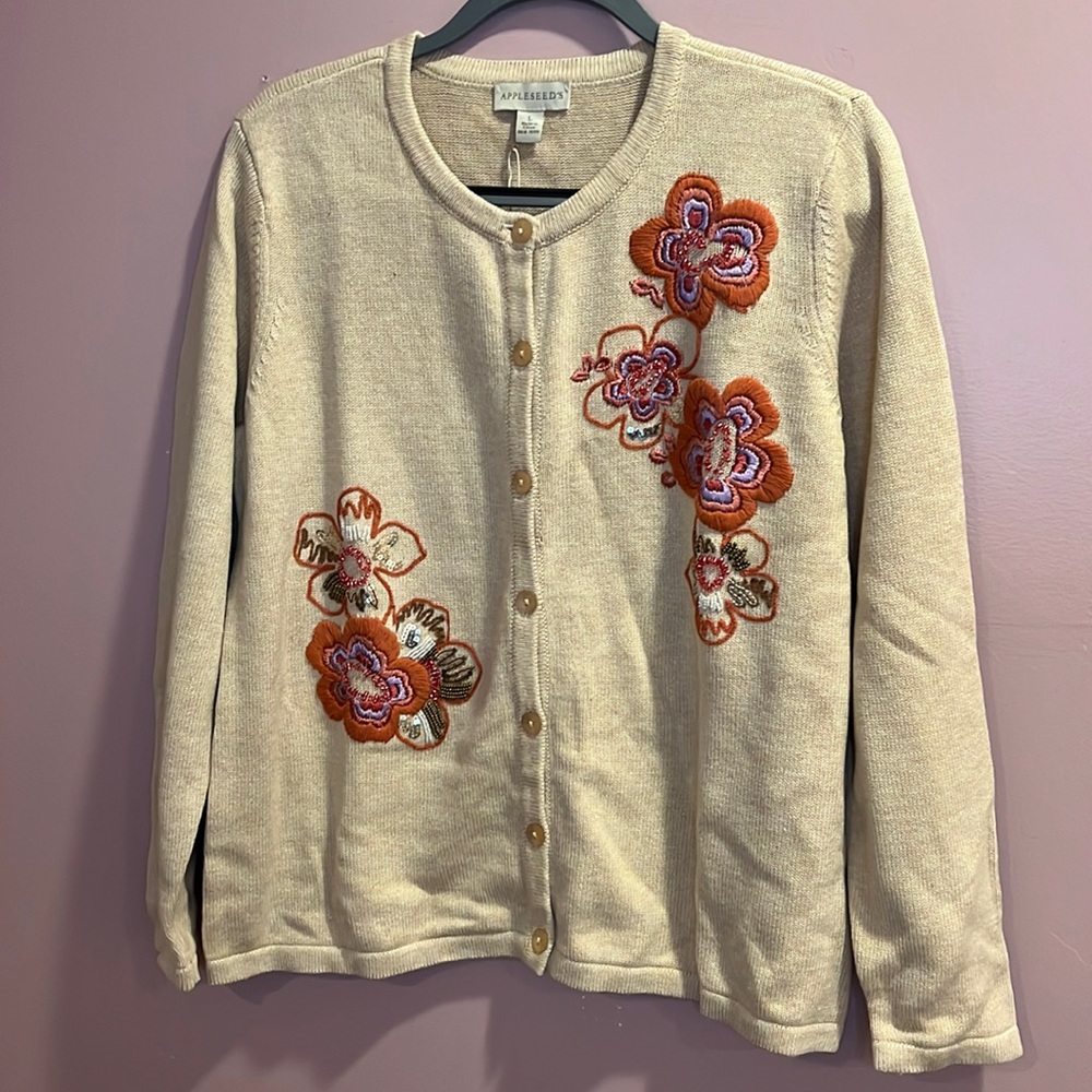 Appleseed's Beige Floral Embroidered Buttoned Cardigan Sweater Size L